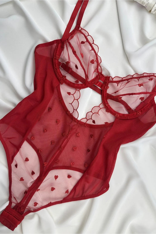 Minik Kalpli Dekolteli Balenli Bodysuit - Kırmızı