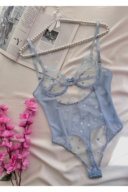 Mavi Minik Kalpli Dekolteli Balenli Bodysuit