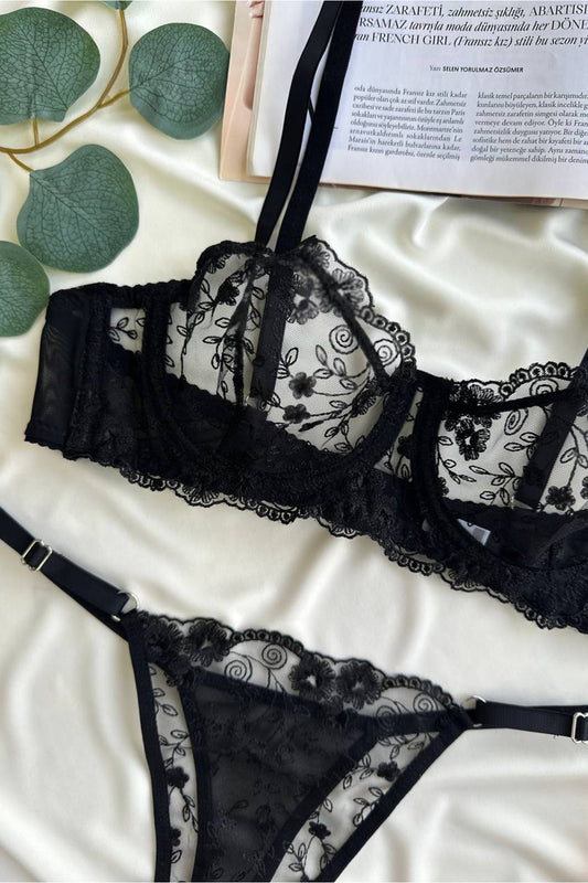 Siyah Kadın Bralet Tül İç Çamaşır Takımı ( Sütyen & Tanga )