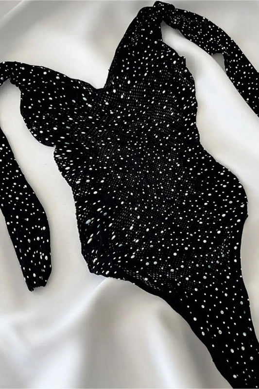 Parlak Kristal Taşlı Uzun Kollu Siyah Taşlı File Bodysuit