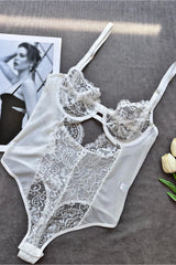 Beyaz Dantelli Balenli Kapsız Transparan Çıtçıtlı Bodysuit