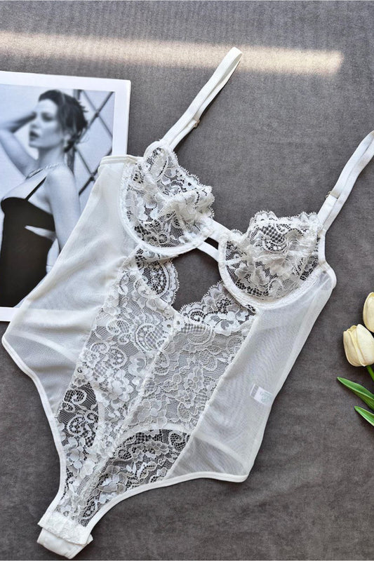 Beyaz Dantelli Balenli Kapsız Transparan Çıtçıtlı Bodysuit