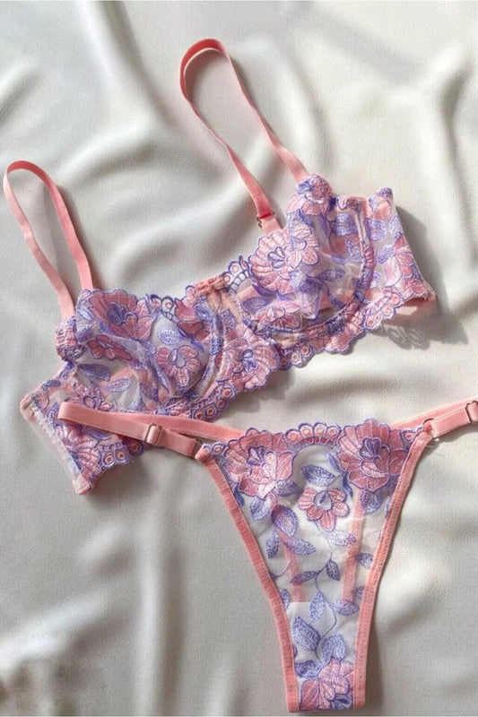 Kadın Pudra Lila Çiçekli Bralet Tanga İç Çamaşırı Takımı