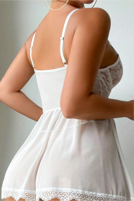 Beyaz Şeffaf Tül Babydoll - Dantelli ve Corset Detaylı Gecelik - Transparan