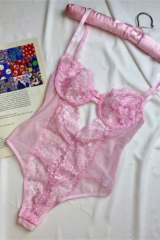 Pembe Dantelli Balenli Kapsız Transparan Çıtçıtlı Bodysuit