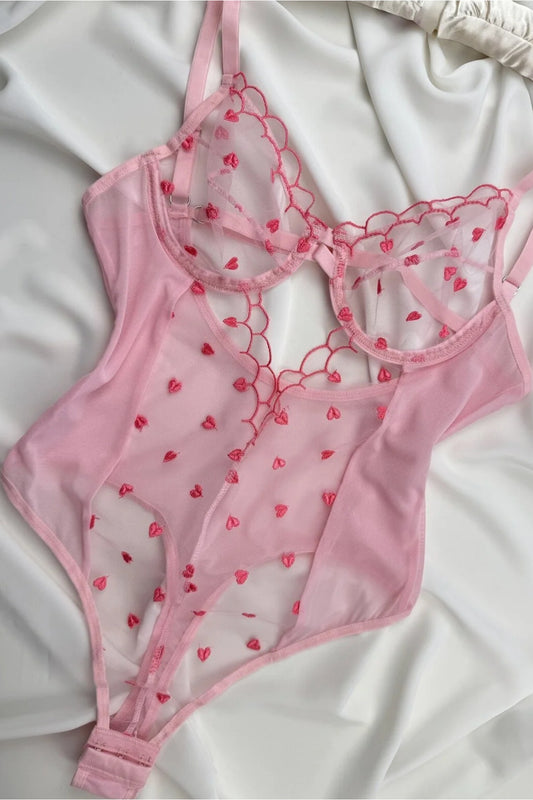 Pembe Minik Kalpli Dekolteli Balenli Bodysuit