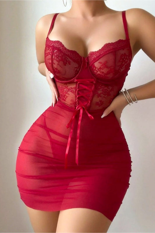 Aşk Kırmızısı Transparan Gecelik - Yoğun Dantel İşlemeli Babydoll