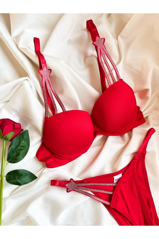 Kadın Kırmızı Taşlı Dolgulu Bralet Sütyen Takım