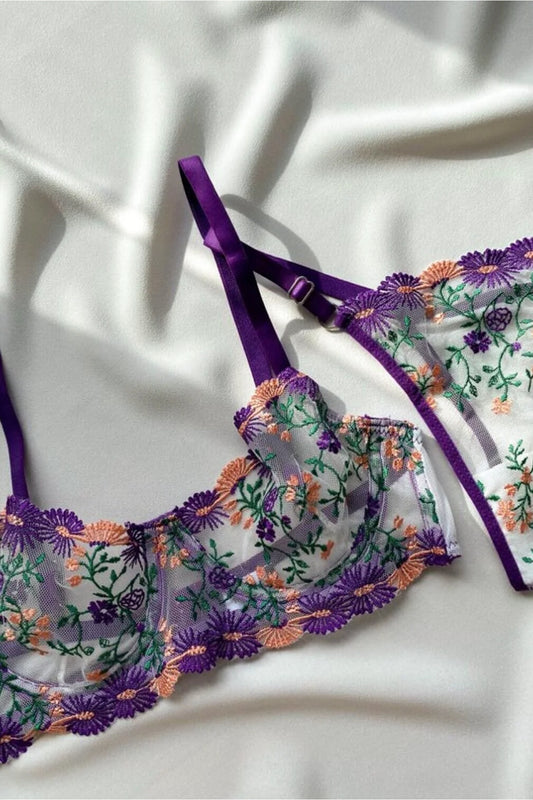Mor Çiçek Desenli Dantel & Tül Sütyen Tango İç Çamaşırı Takımı