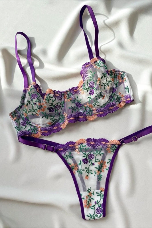 Mor Çiçek Desenli Dantel & Tül Sütyen Tango İç Çamaşırı Takımı