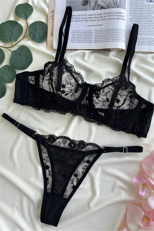 Siyah Kadın Bralet Tül İç Çamaşır Takımı ( Sütyen & Tanga )