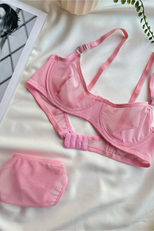 Pembe Transparan Tül Düz Desen İç Çamaşır Takımı ( Sütyen & Tanga )