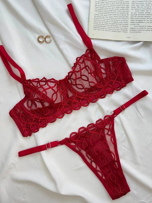 Kırmızı Zincir Desenli Transparan Bralet Takım